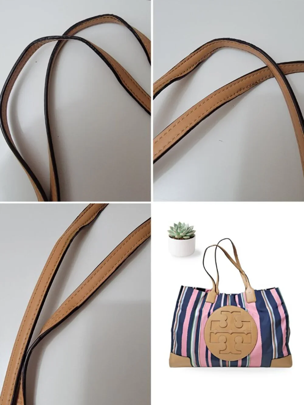 Tory Burch Ella Tote Navy Pink Stripe Nylon Large Shoulder Bag Leather Trim